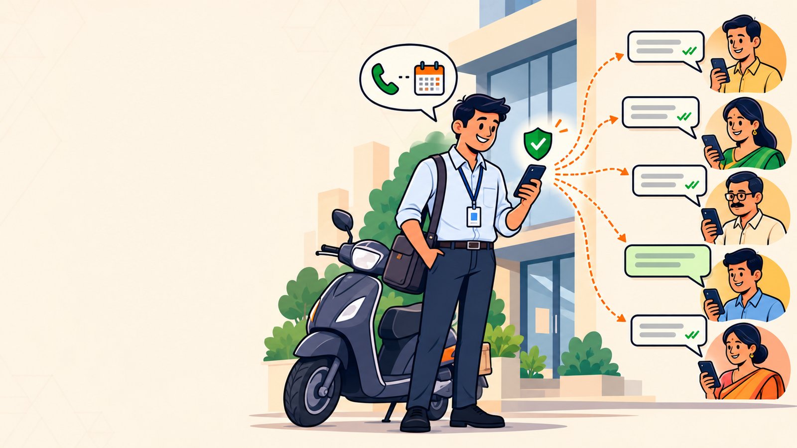 An Indian salesman sending one WhatsApp message to many leads at once and following up on replies, using the official WhatsApp Business API